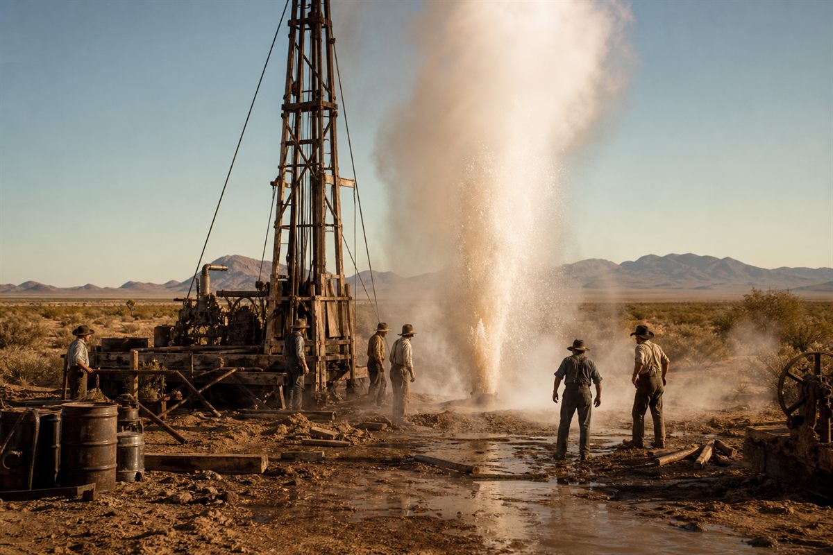 A 1928 drilling crew in the Arizona desert as hot water rather than oil comes up from the well