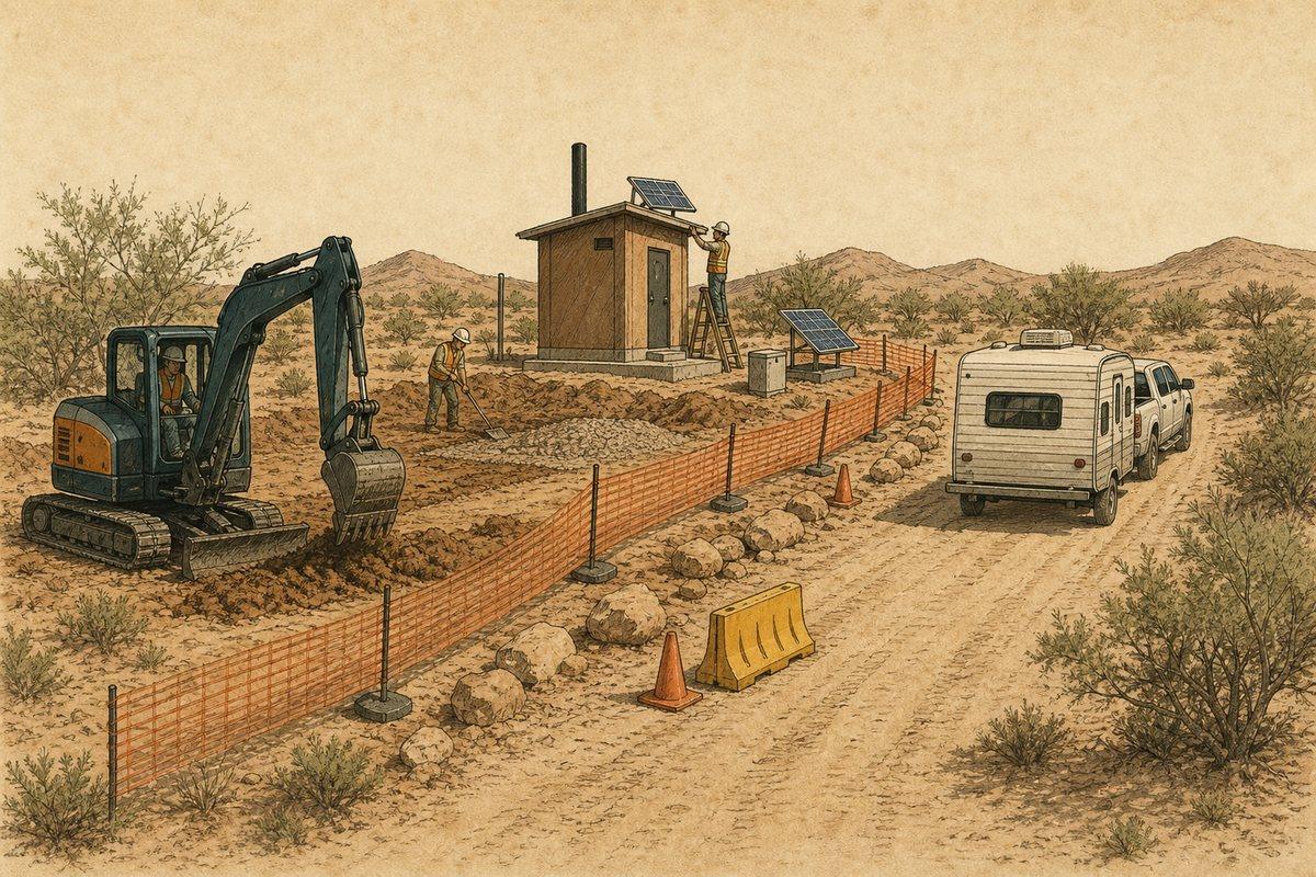 A separated construction zone shows campground grading, a replacement facility and solar work while the sandy access lane remains open