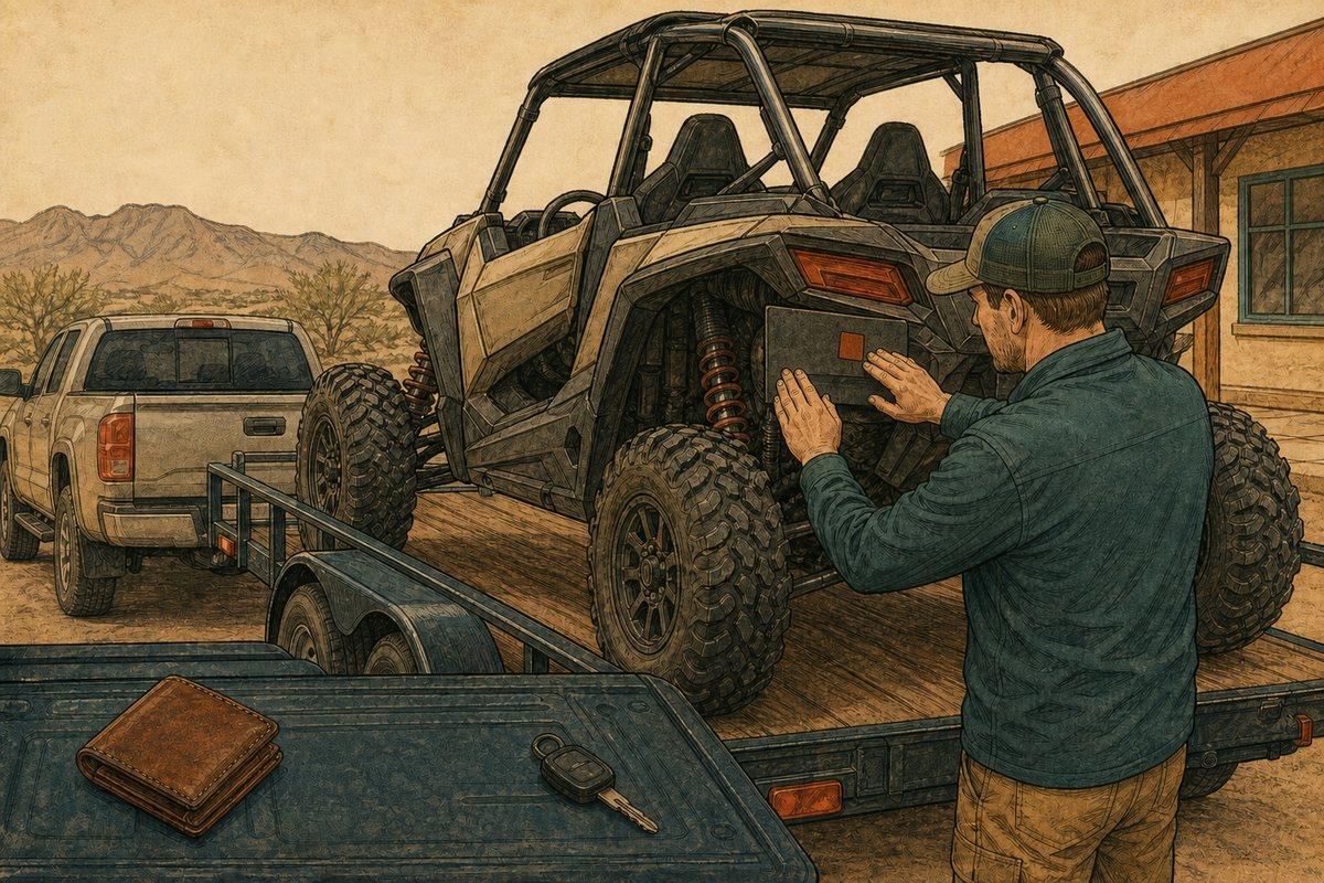 An out-of-state rider checks a small Arizona OHV decal on a side-by-side while it remains secured on the trailer
