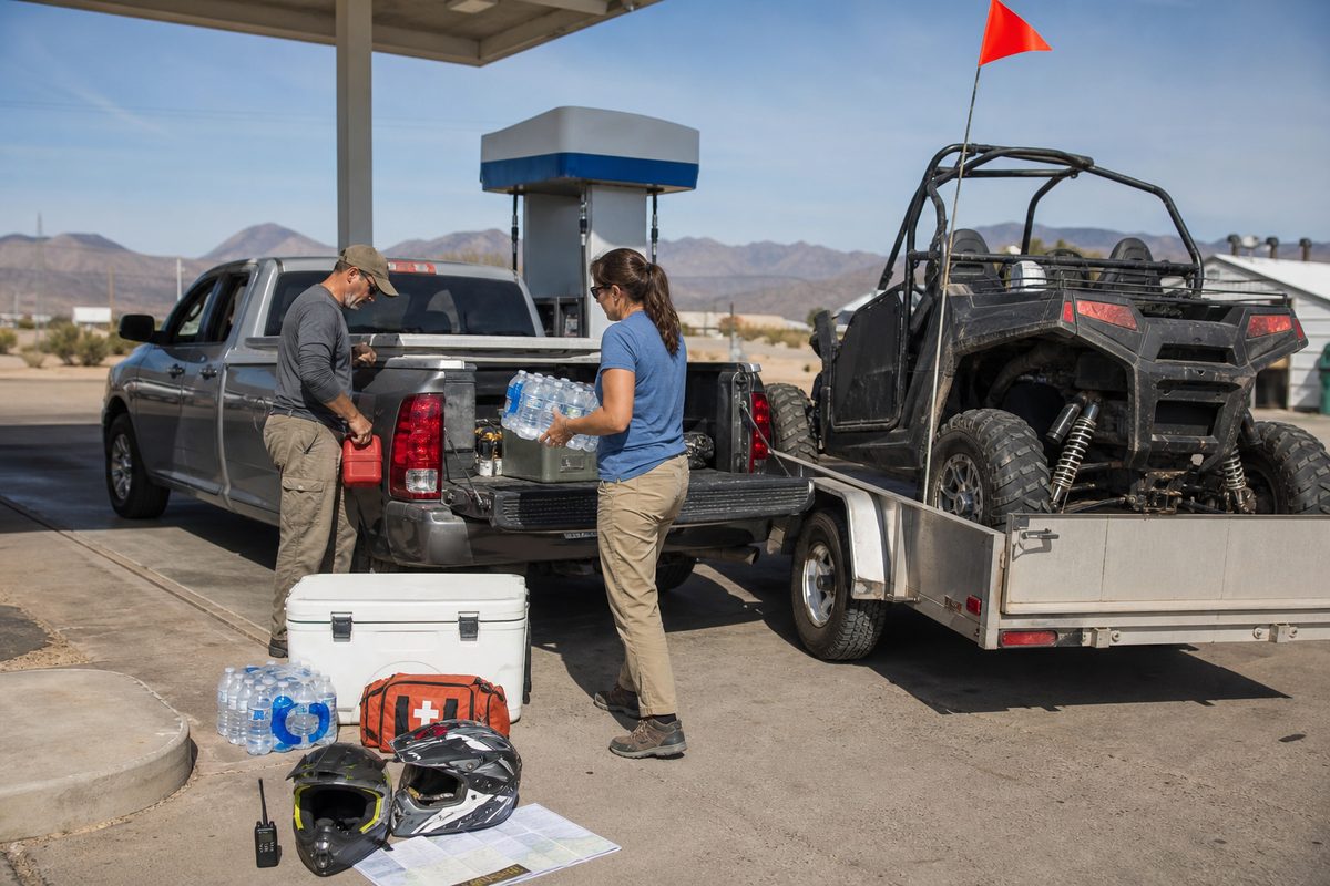A tow rig loaded with water, fuel containers, and supplies during a final stop in Safford before heading south