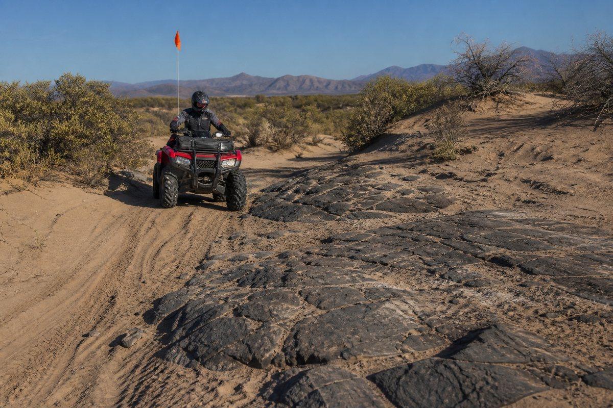 A helmeted ATV rider moving carefully from soft tracked sand onto embedded dark rock in desert scrub
