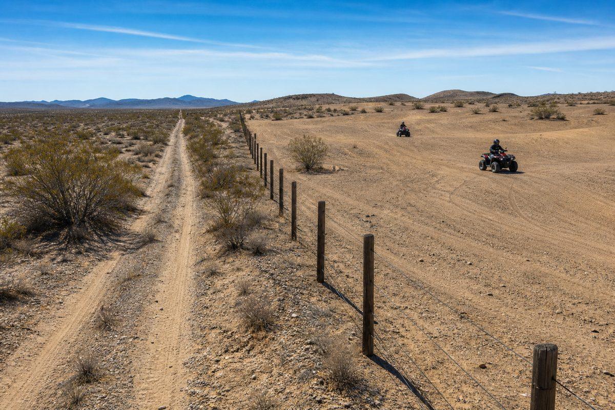 A fence separates open OHV riding inside Hot Well Dunes from an existing desert road outside the recreation boundary