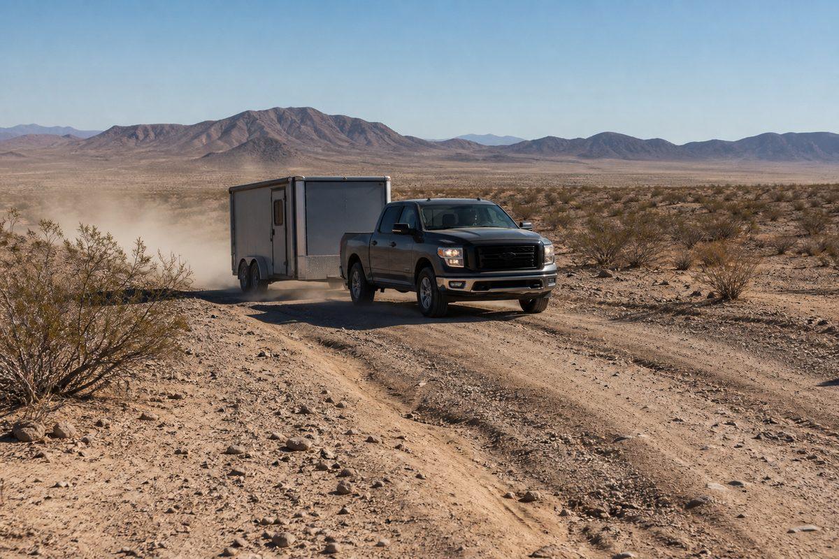 A four-wheel-drive pickup carefully towing an enclosed toy hauler over a rough sandy desert approach road