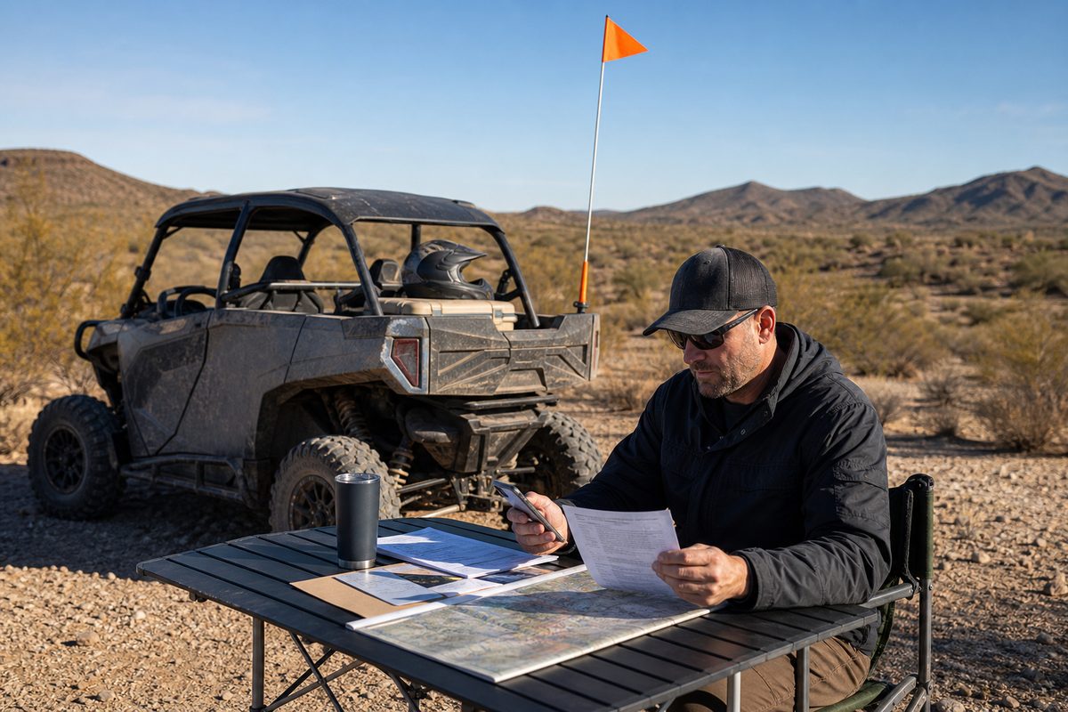 An out-of-state OHV rider reviews registration papers and a phone confirmation before riding at Hot Well Dunes