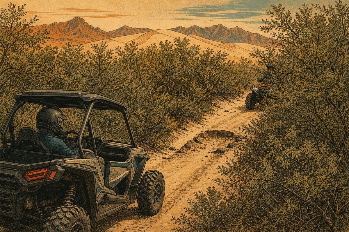 Two riders slow on opposite sides of a brush-lined Hot Well two-track where rocks and a shallow hole are partly concealed