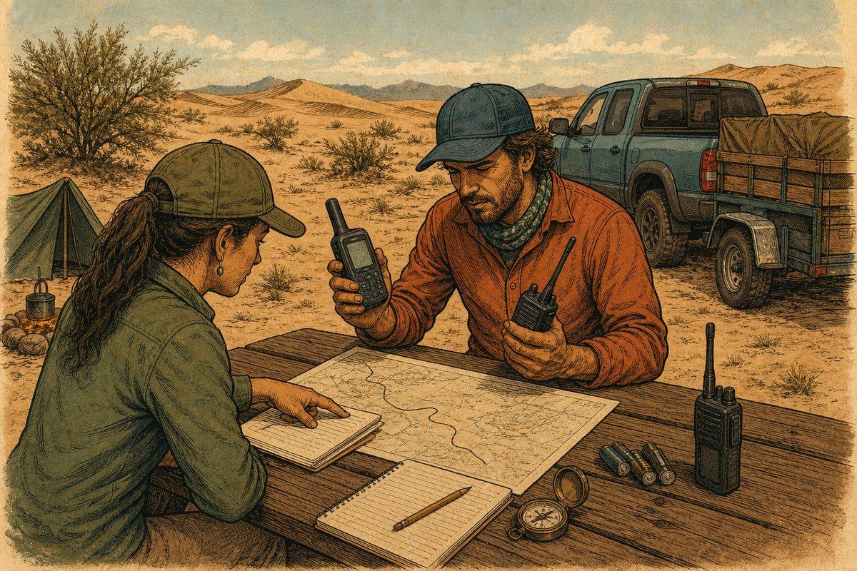 Two campers prepare a satellite communicator, radios, paper route plan, compass and spare batteries before riding