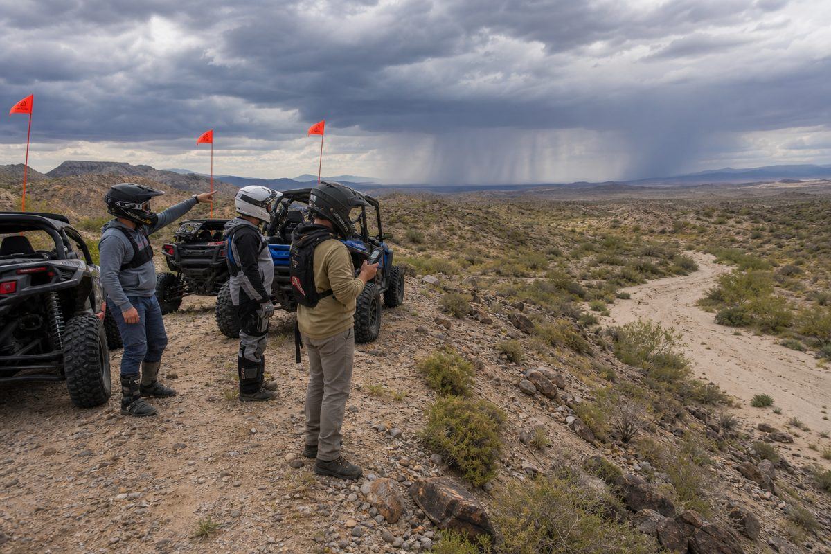 A dry desert wash at Hot Well Dunes with storm cloud building far upstream, the situation that produces flash flooding