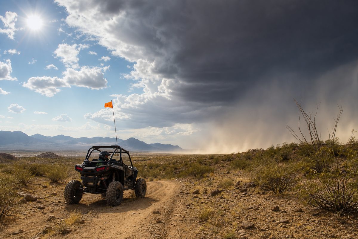 An Arizona monsoon storm cell dropping rain over distant hills while the ground at the dunes stays dry