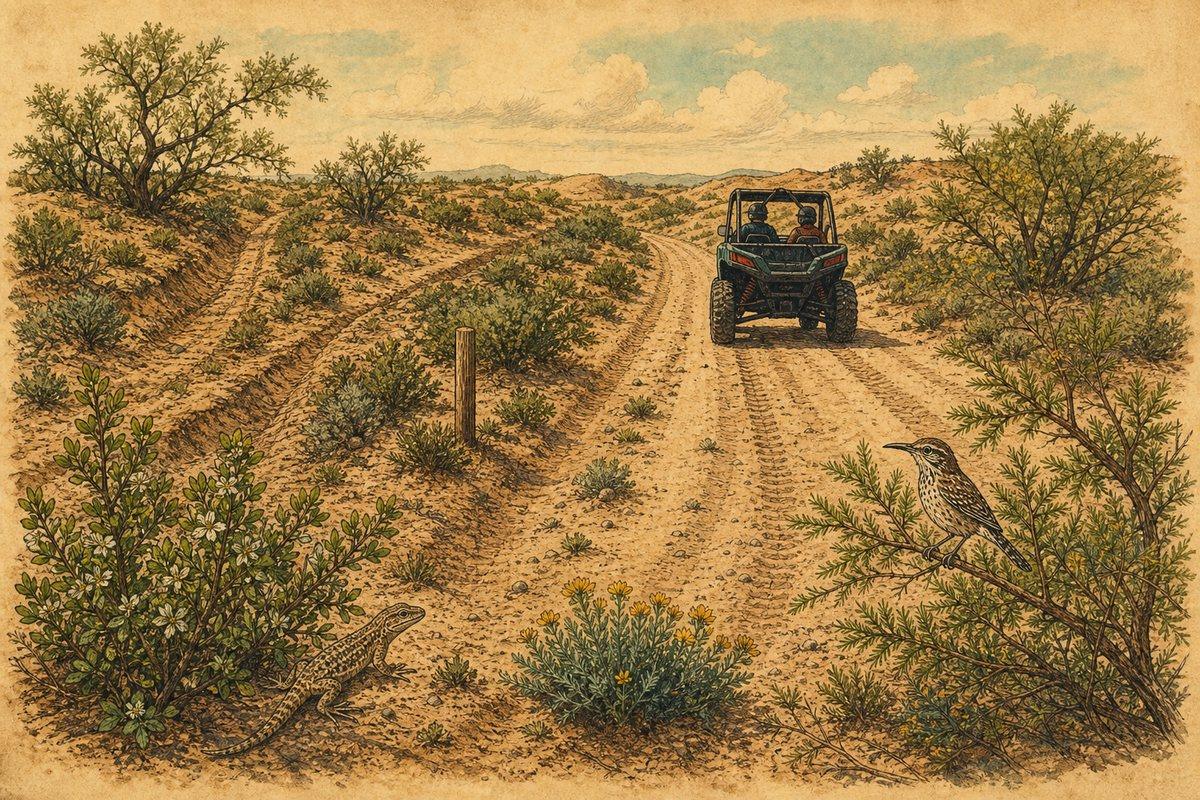 A side-by-side stays on the established two-track while creosote, mesquite, a lizard and a desert bird occupy the surrounding habitat
